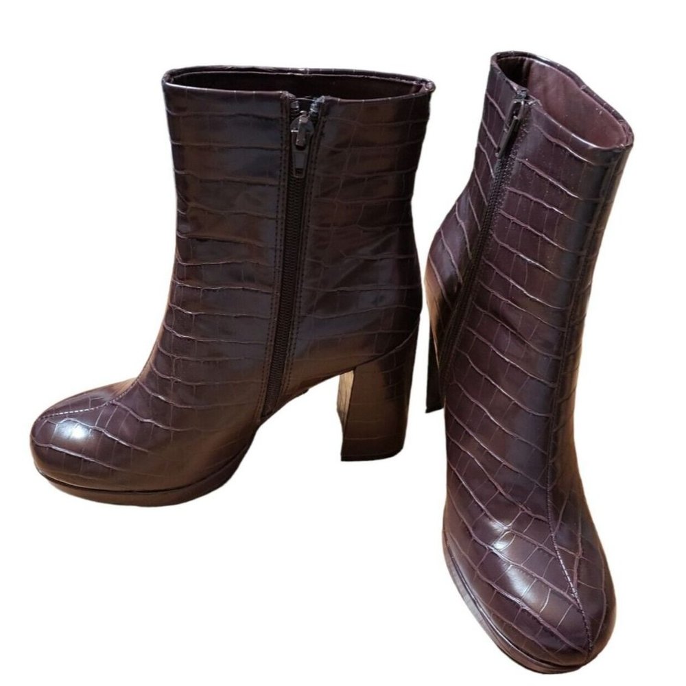 RACHEL ZOE Croc-Embossed Dark Brown Leather Ankle Boots